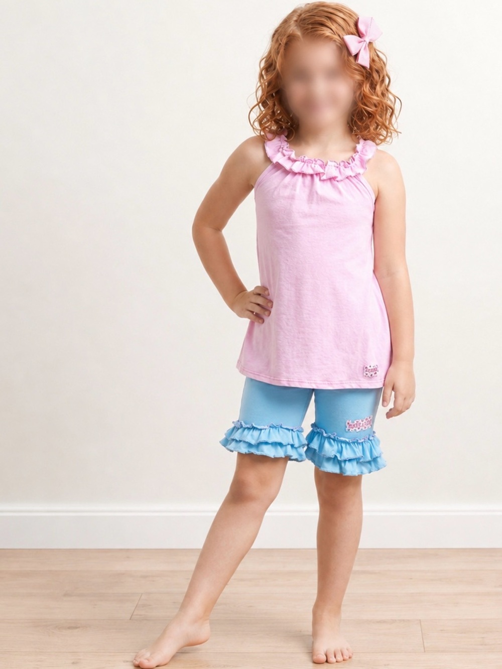 Ruffle Girl Light Pink/Blue Ruffle Neck Short Set